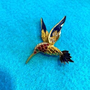 Rhinestones on gold hummingbird pin or brooch with painted wings